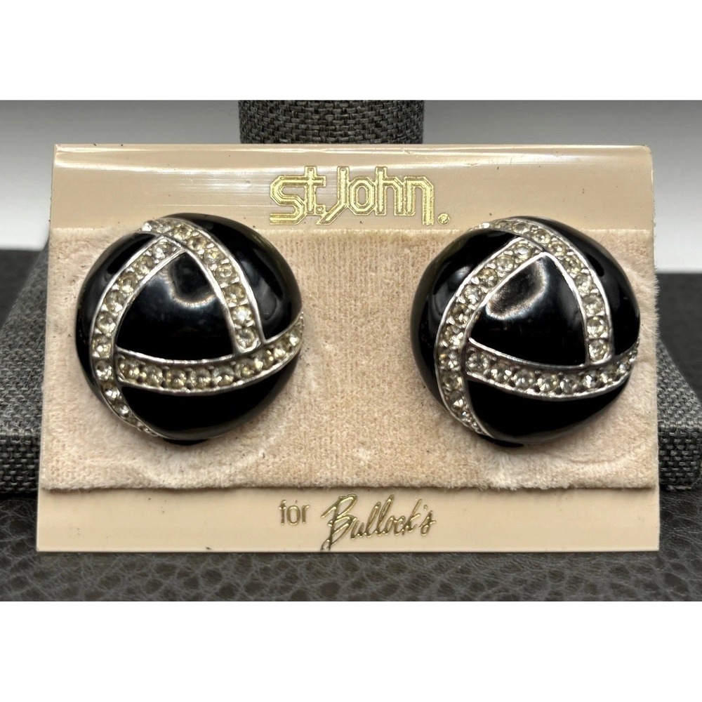Vintage St. John 80s Black Enamel Glass Rhinestone Clip Earrings Silver Tone
